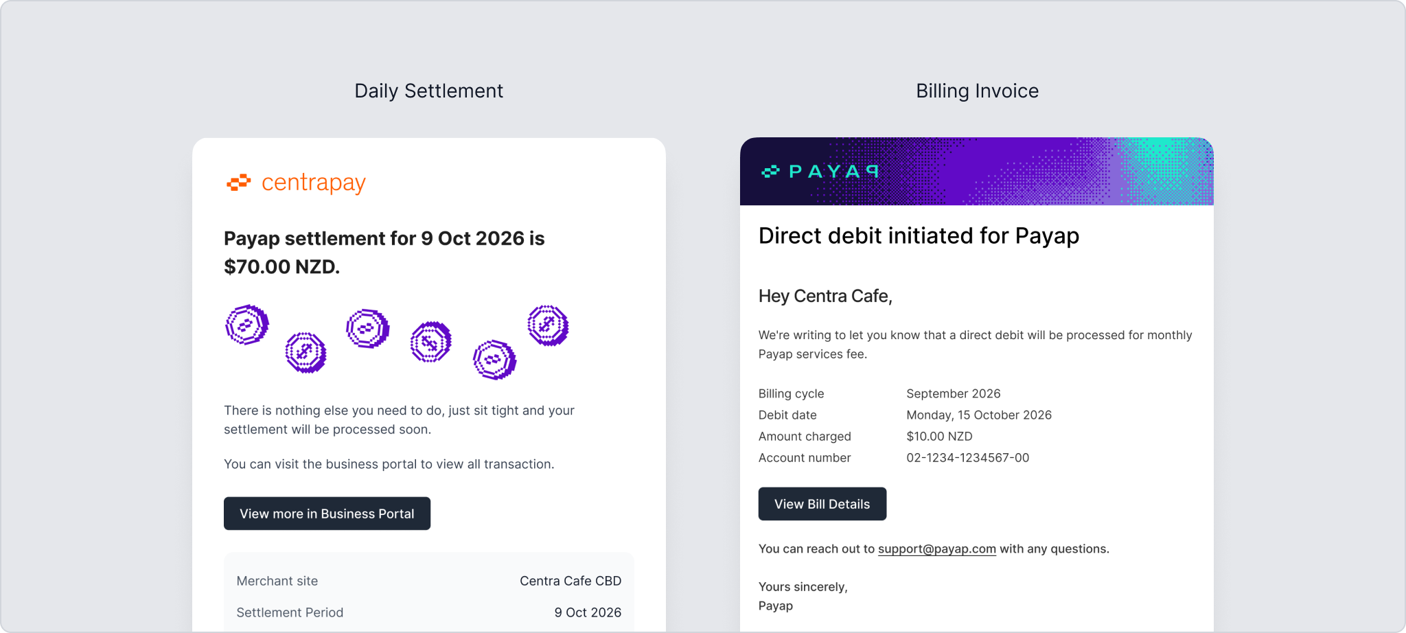 Examples of the Daily Settlement and Billing Invoice emails