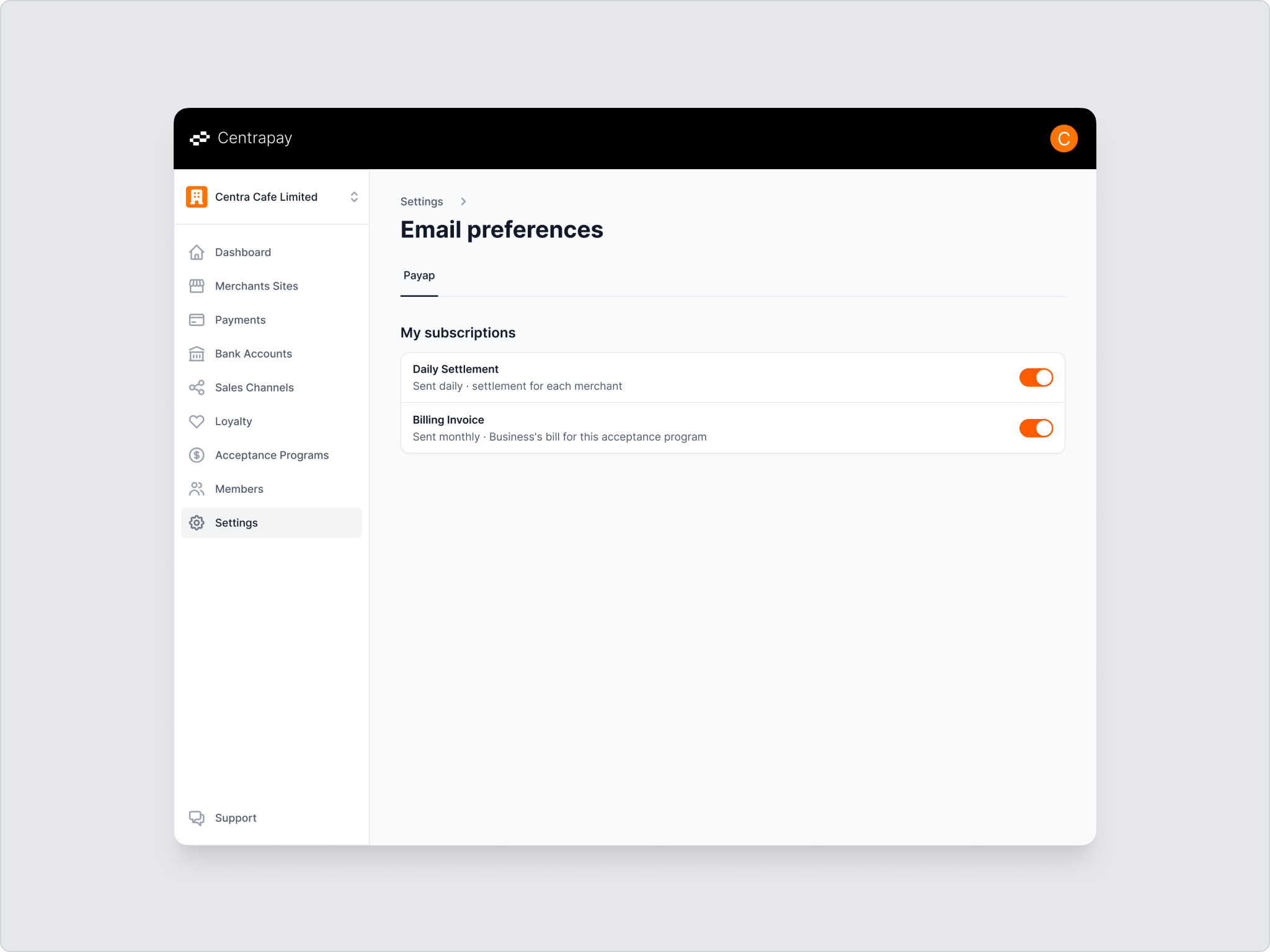 Toggling Daily Settlement and Billing Invoice subscriptions on or off