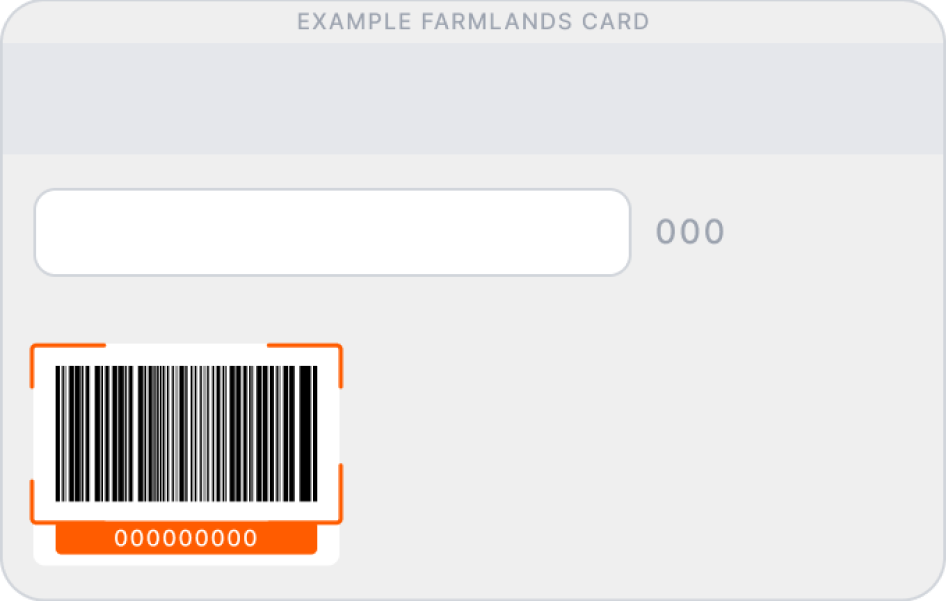 The back of an example Farmlands card, displaying a barcode and a 9-digit card number