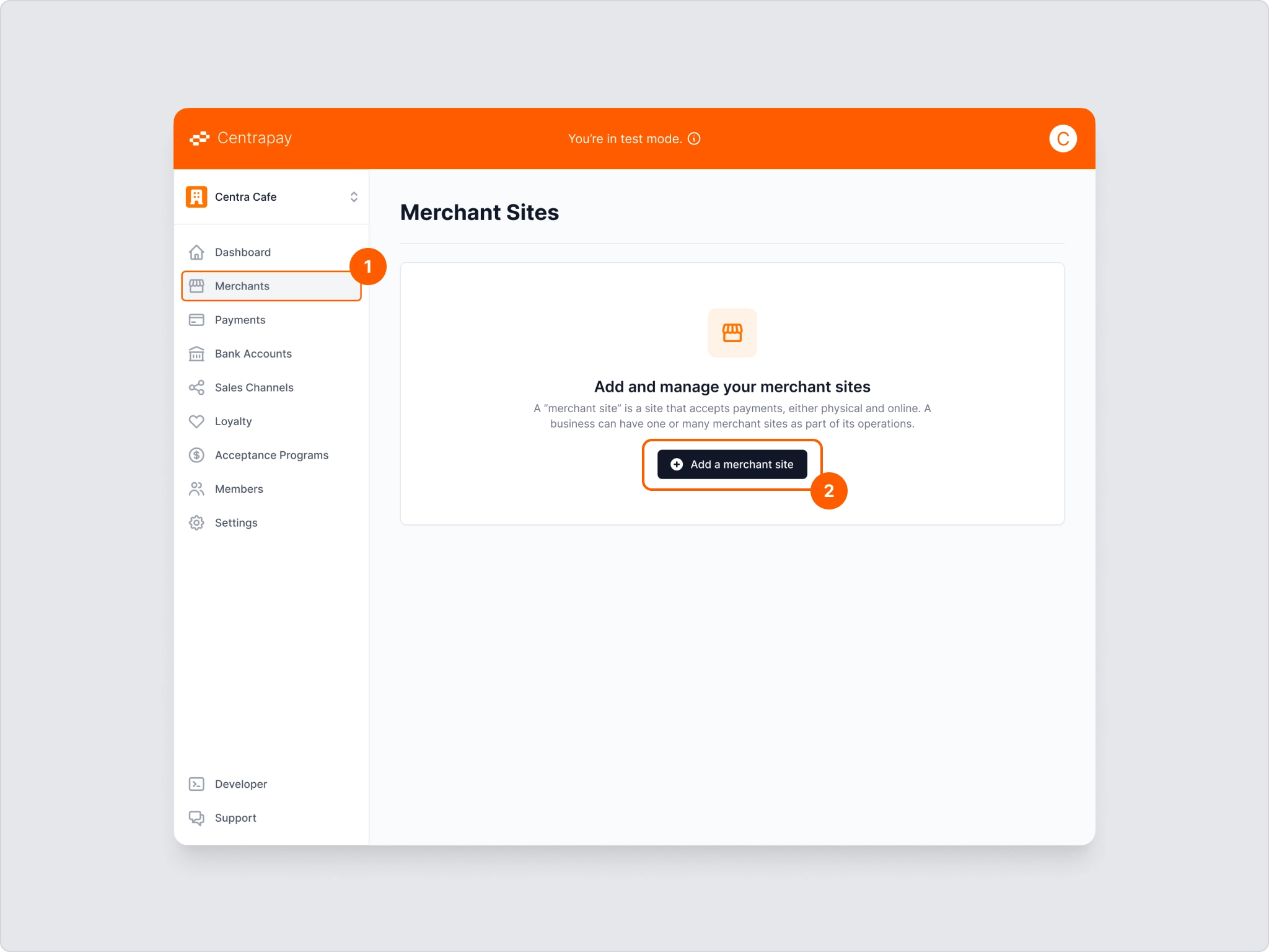 The Merchant Sites page, with Merchants in the sidebar and the Add a merchant site button highlighted