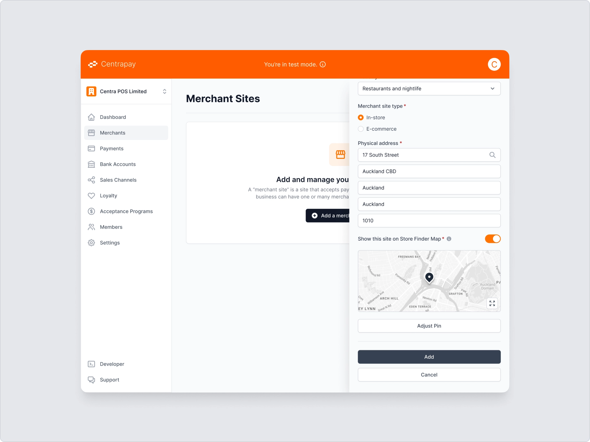 The Add a merchant site form, showing the merchant site type and physical address fields