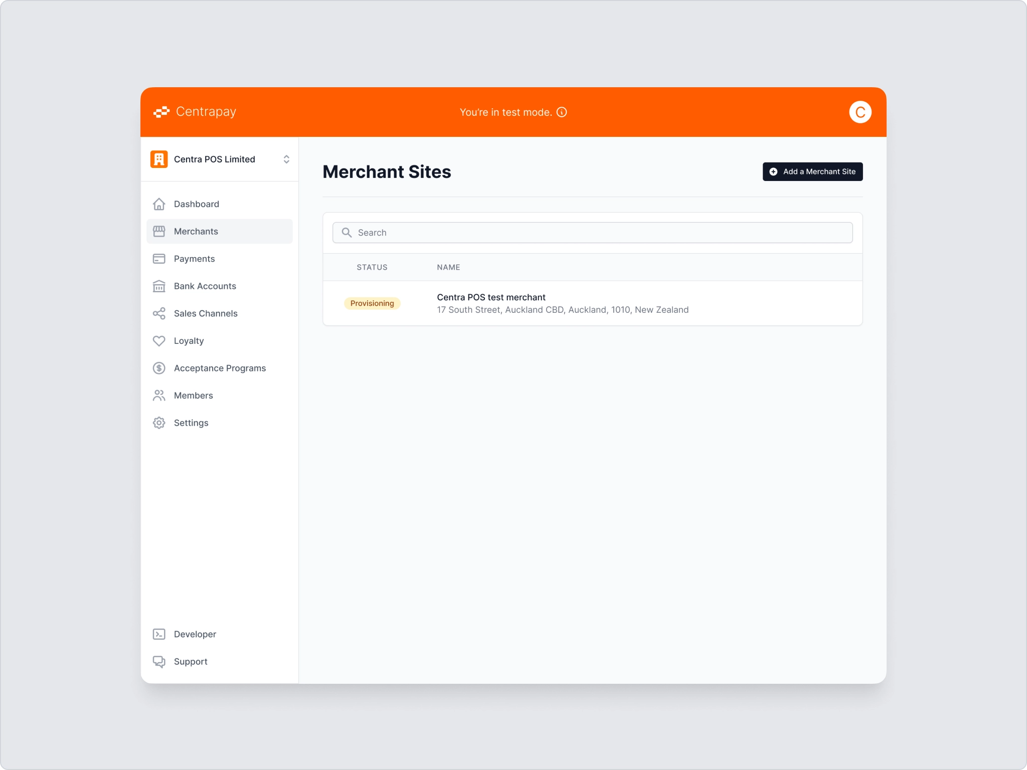 The Merchant Sites list showing the new merchant site