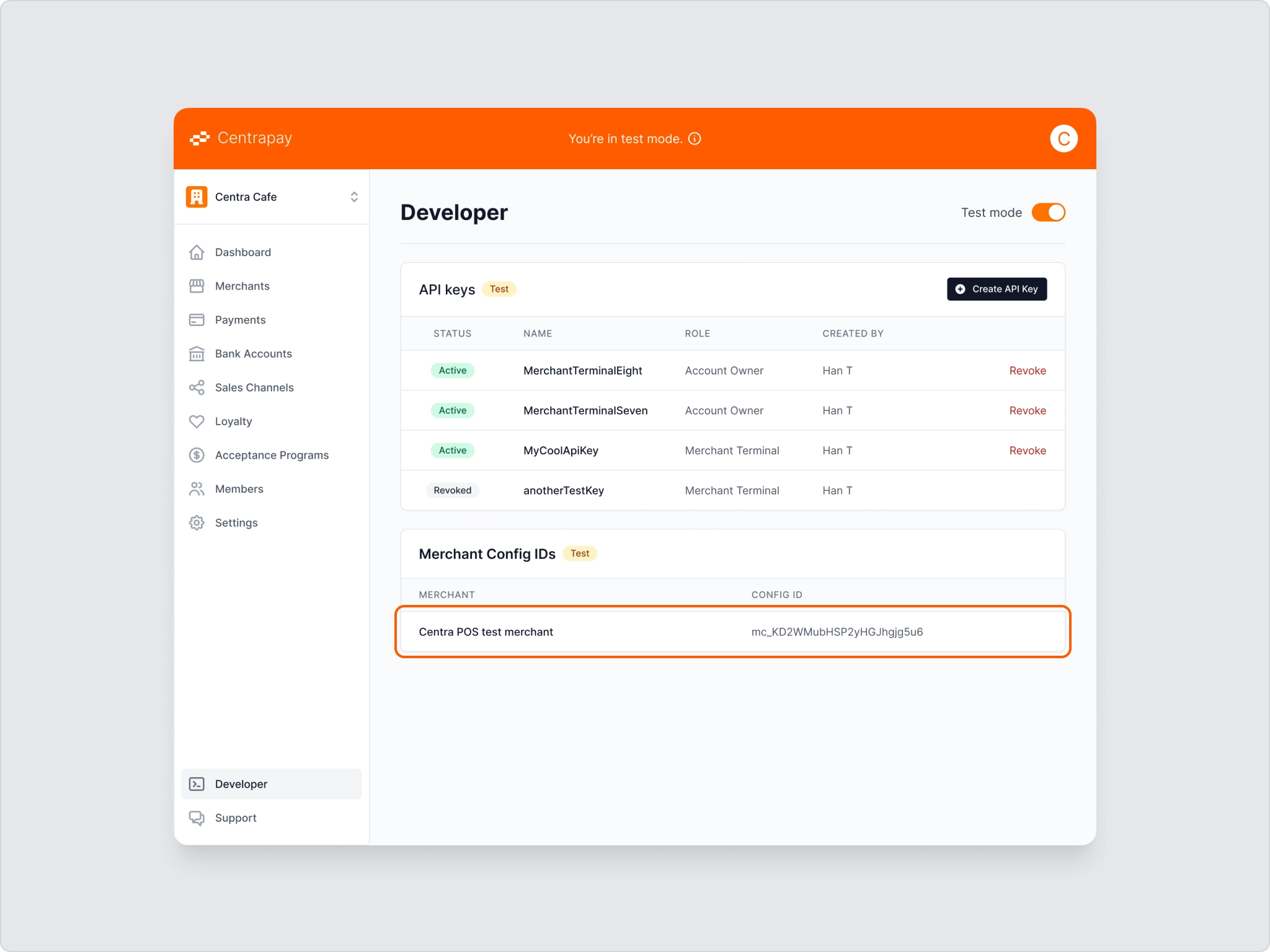 The Developer section with the merchant's Config ID highlighted in the Merchant Config IDs list
