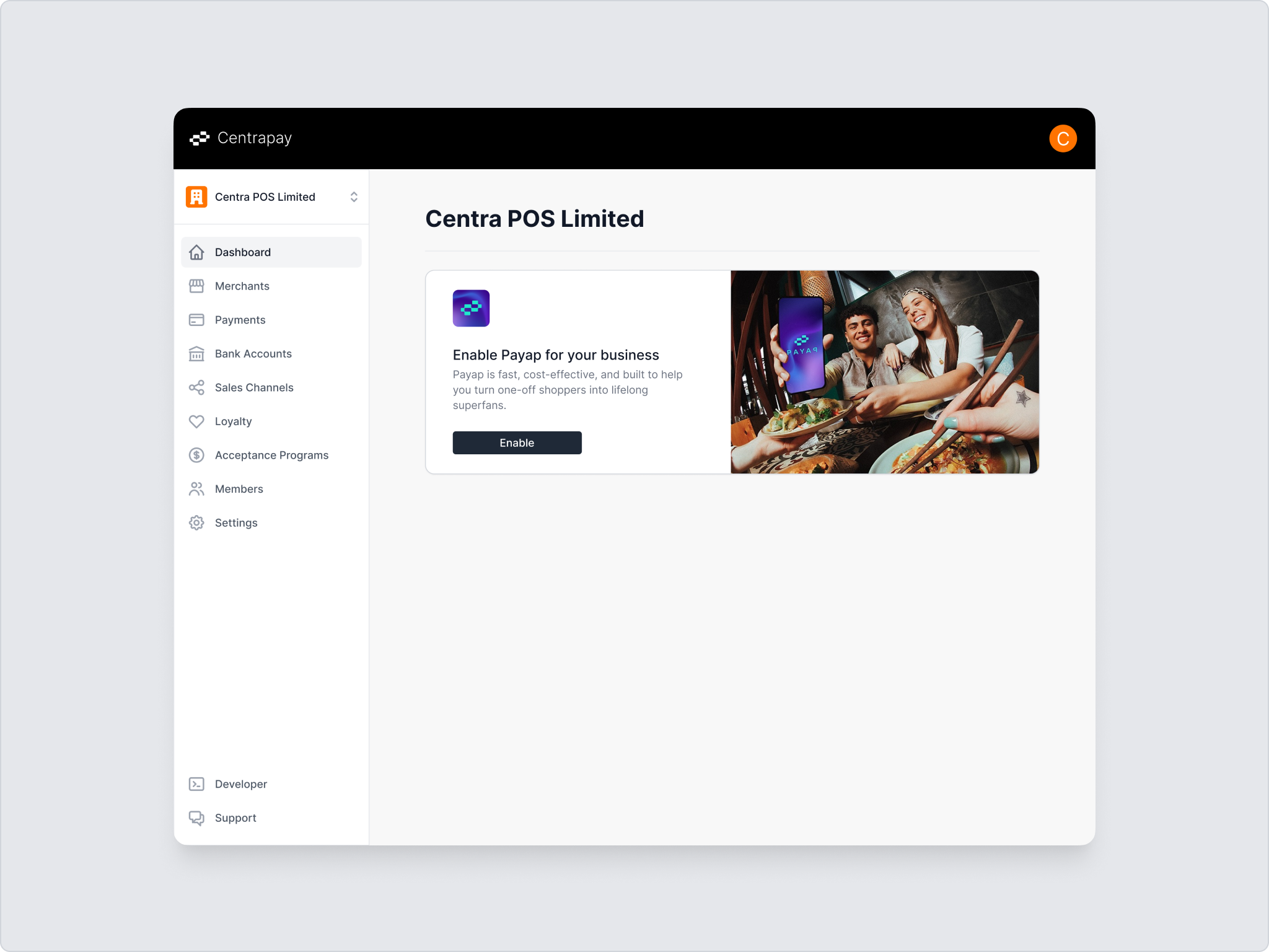 The Centrapay Business Portal dashboard for a newly created business