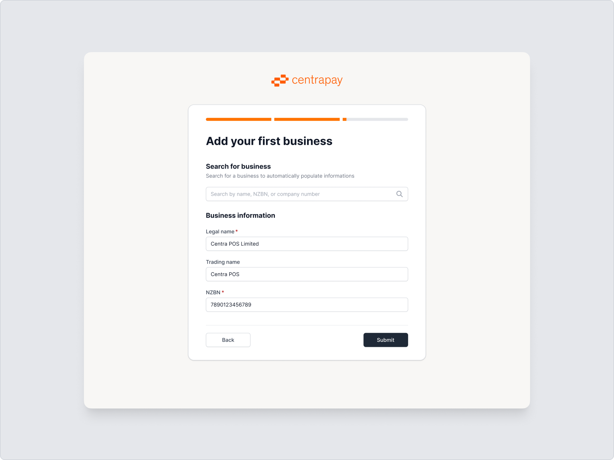 The Add your first business form, with legal name, trading name and NZBN fields