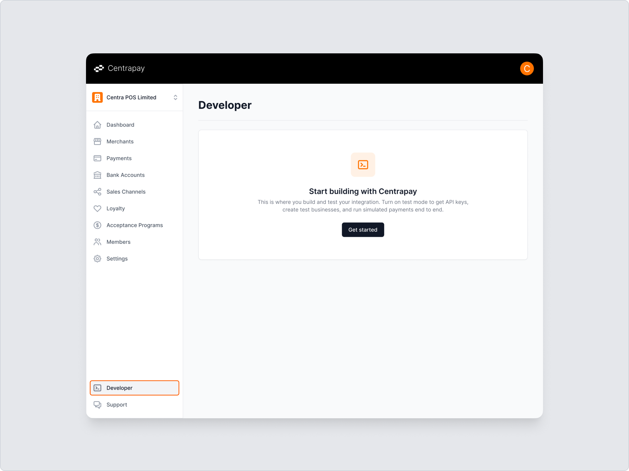 The Developer section highlighted in the sidebar, showing the Start building with Centrapay panel