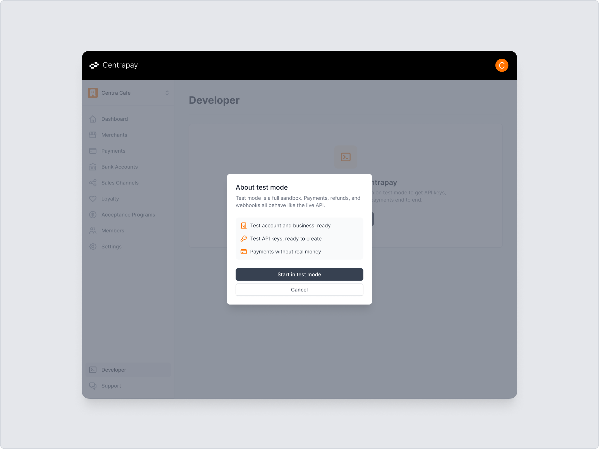 The About test mode dialog with the Start in test mode button