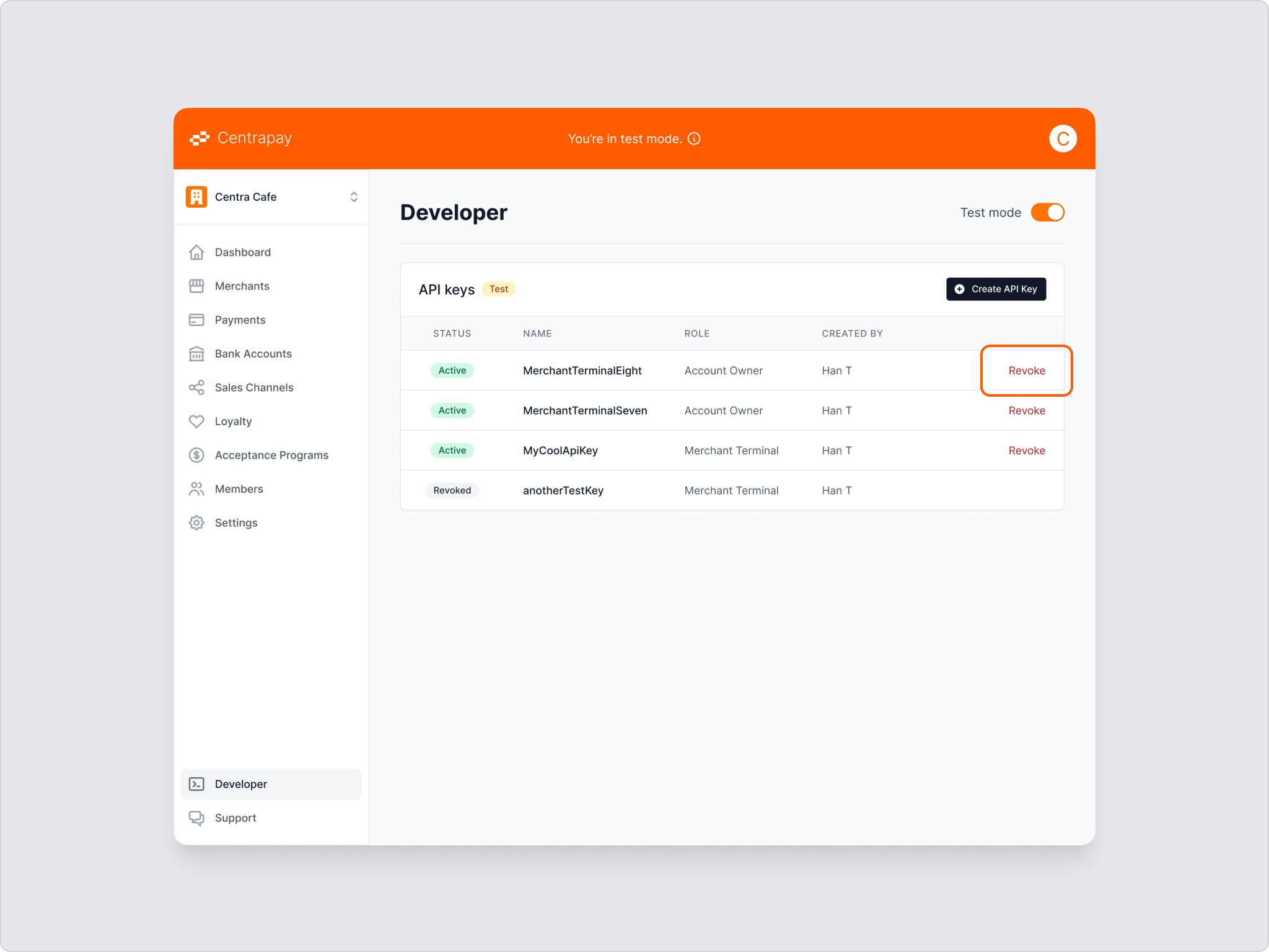 The API keys list with the Revoke action highlighted on a key
