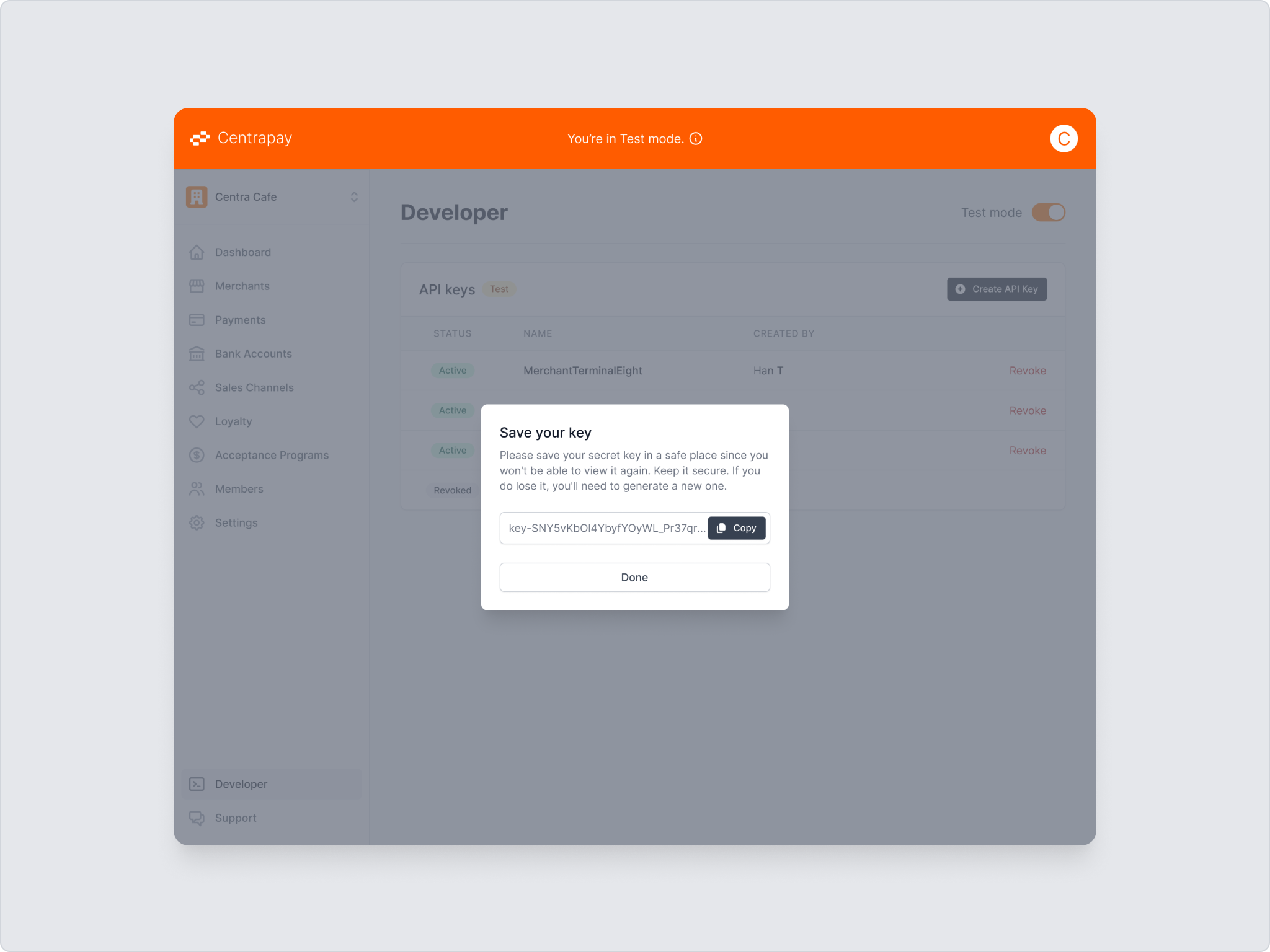 The Save your key dialog showing the secret key with a copy button