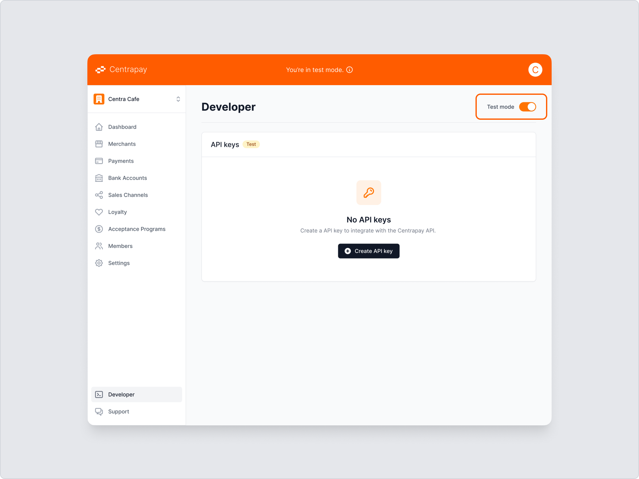 The Developer section in test mode, with the test mode toggle highlighted