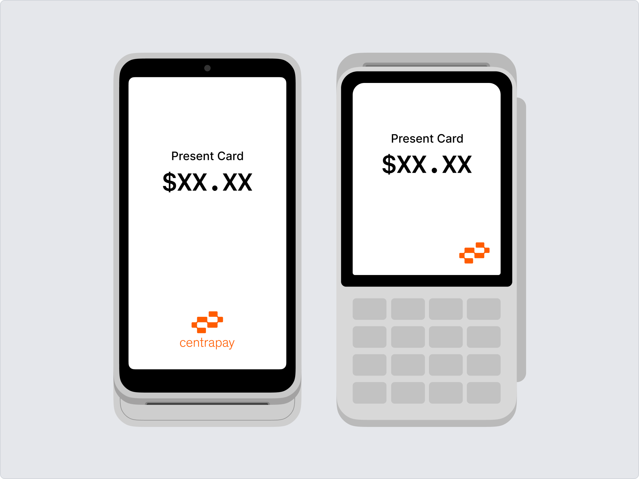 Two payment terminals showing the Centrapay logo on the payment screen
