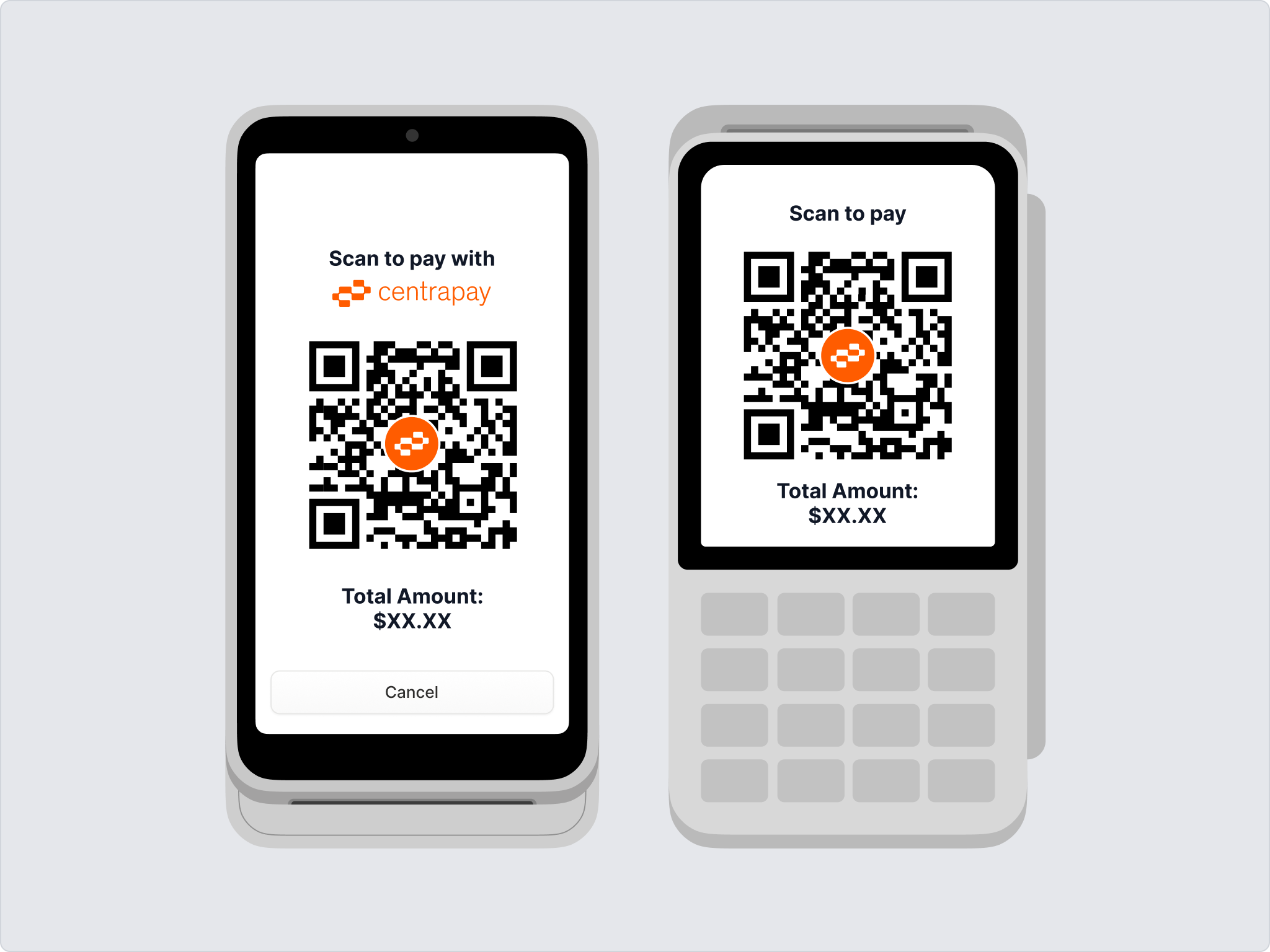Two payment terminals showing a Centrapay QR code with the Centrapay logo and Scan to pay copy