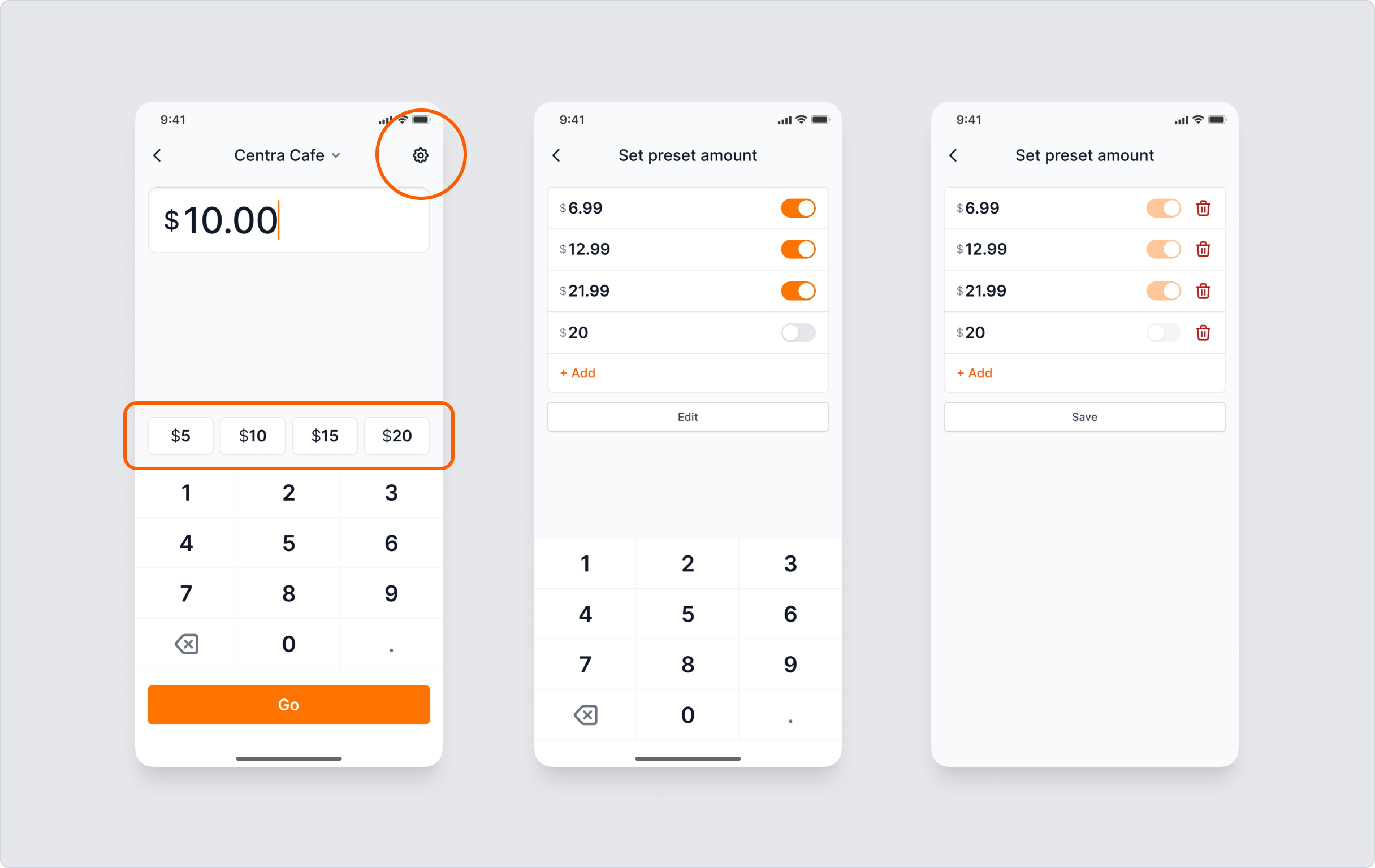 Managing preset amounts on mobile