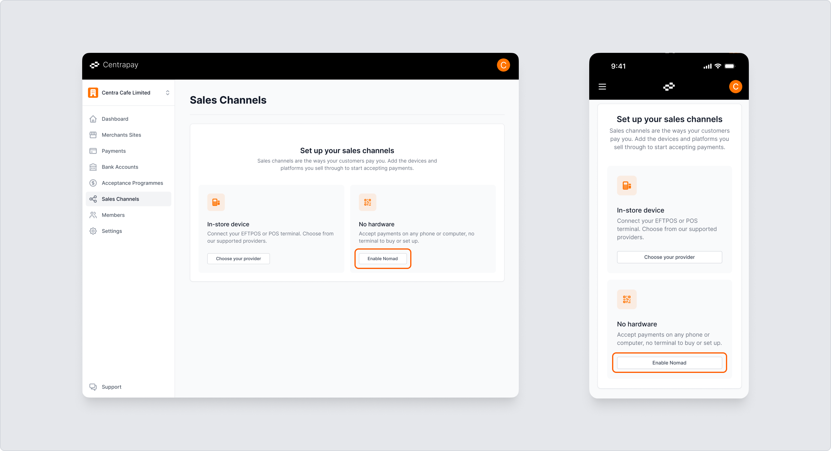 Prompt to set up first sales channel