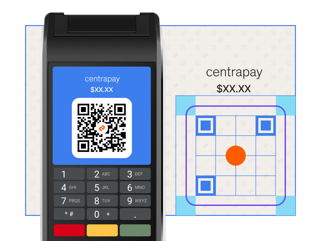 Illustration of payment terminal displaying Centrapay QR code